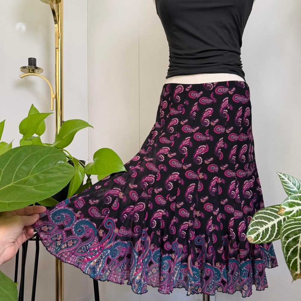 ECI New York Womens Paisley Mesh Fluted Midi Skirt Black Purple Pink Size 8